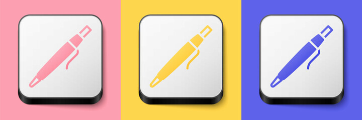 Isometric Pen icon isolated on pink, yellow and blue background. Square button. Vector