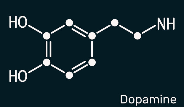 Dopamine,DA molecule. It is monoamine neurotransmitter, neuromodulator, medication. Skeletal chemical formula on the dark blue background