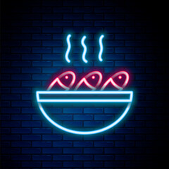 Obraz na płótnie Canvas Glowing neon line Fish soup icon isolated on brick wall background. Colorful outline concept. Vector