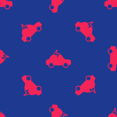 Red Electric car and electrical cable plug charging icon isolated seamless pattern on blue background. Renewable eco technologies. Vector