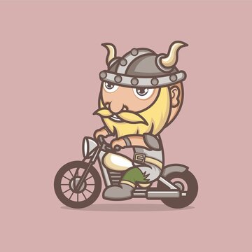 cute cartoon viking character riding a motorbike. vector illustration for mascot logo or sticker