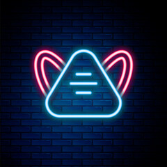 Glowing neon line Medical protective mask icon isolated on brick wall background. Colorful outline concept. Vector