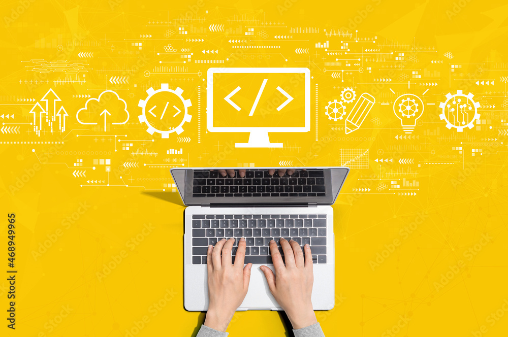 Poster web development concept with person using a laptop computer