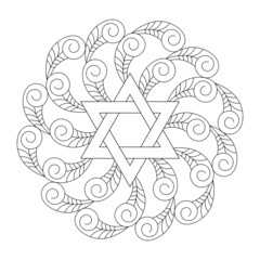 Coloring book. Mandala with six pointed star. Star of David. Vector illustration