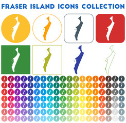 Fraser Island icons collection. Bright colourful trendy map icons. Modern Fraser Island badge with island map. Vector illustration. - obrazy, fototapety, plakaty