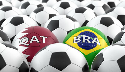 Fototapeta premium Brazil vs. Qatar Soccer Match - Leather balls in Brazil and Qatar national colors. 3D Rendering 