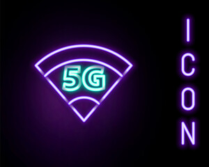 Glowing neon line 5G new wireless internet wifi connection icon isolated on black background. Global network high speed connection data rate technology. Colorful outline concept. Vector