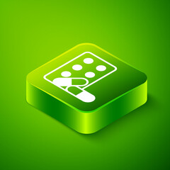 Isometric Sports doping, anabolic drugs with dumbbell icon isolated on green background. Anabolic steroids tablet. Pills in jar. Green square button. Vector