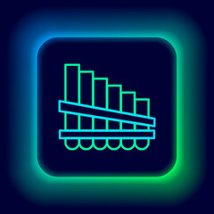 Glowing neon line Pan flute icon isolated on black background. Traditional peruvian musical instrument. Zampona. Folk instrument from Peru, Bolivia and Mexico. Colorful outline concept. Vector