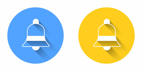 White Ringing bell icon isolated with long shadow background. Alarm symbol, service bell, handbell sign, notification symbol. Circle button. Vector