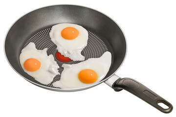 Freshly Fried Sunny Side Up Eggs in Non-Stick Frying Pan Isolated on White Background