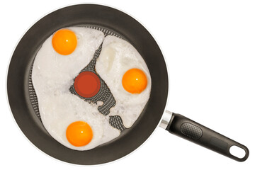 Freshly Fried Sunny Side Up Eggs in Non-Stick Frying Pan Isolated on White Background