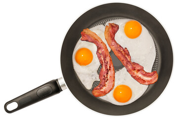 Fried Sunny Side Up Eggs and Crispy Bacon Rashers in Non-Stick Frying Pan Isolated on White Background
