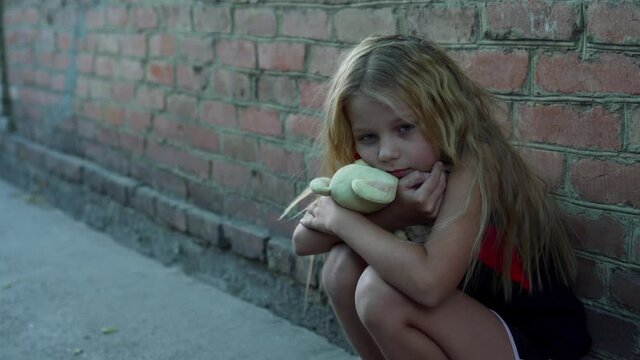 Portrait of a lonely, frightened girl with beautiful messy hair sitting with her toy against a brick wall.