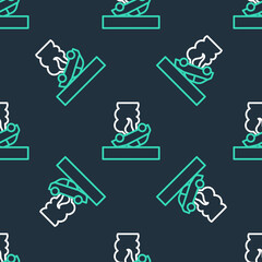 Line Burning car icon isolated seamless pattern on black background. Car on fire. Broken auto covered with fire and smoke. Vector