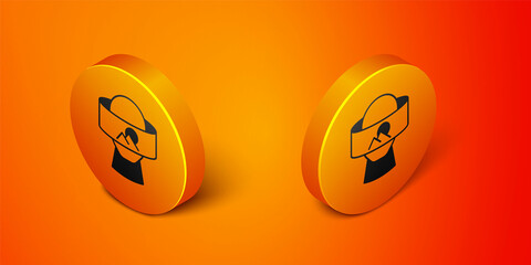 Isometric Virtual reality glasses icon isolated on orange background. Stereoscopic 3d vr mask. Optical head mounted display. Orange circle button. Vector