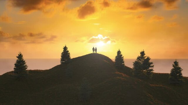 Magical fantasy scene with a man and woman in meadows with ocean seascale in background. 3d Rendering. Dramatic Sunset Cloudy Sky. Adventure Concept