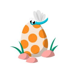 Egg with fly. Organisms that lived before our era, BC. Planet, Earth, nature, animals, insects. Graphic elements for printing on childrens clothing. Badges, icons. Cartoon flat vector illustration