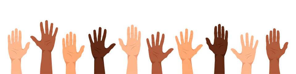 A multiethnic group of people with their hands up. The palms of people with a different color of skin. The concept of unity, team, cooperation or partnership. Flat style. Vector illustration
