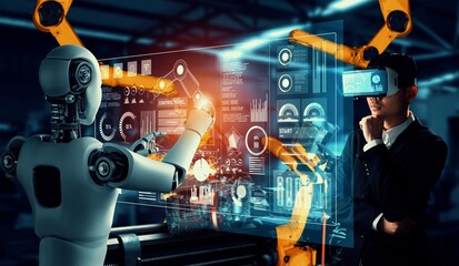 Mechanized industry robot and human worker working together in future factory . Concept of...