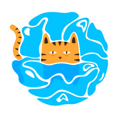 Tiger floating in water, cartoon card