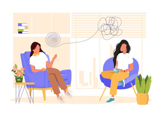 Psychologist support concept. Psychotherapy practice, psychiatrist consulting woman patient. Mental disorder treatment. Psychologist service, private counseling, family psychology. Vector illustration