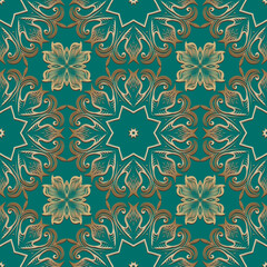 Floral vintage seamless pattern. Vector colorful Baroque style background. Repeat ornamental patterned backdrop. Beautiful flowery ornaments. Flourish patterns with golden flowers, leaves, mandalas