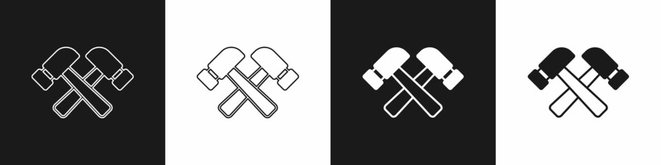Set Crossed hammer icon isolated on black and white background. Tool for repair. Vector
