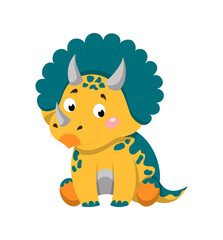 Sticker of Triceratops. Different types of dinosaurs, cute baby animal. Prehuman nature, palientology, prehistoric, BC. Badges for childrens portfolios, icons. Cartoon flat vector illustration