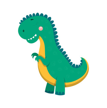 Sticker of T rex. Various types of dinosaurs, large stature and small paws. Paleontology, Archeology, Prehistoric, BC. Pictures for printing on kids clothes, fantasy. Cartoon flat vector illustration