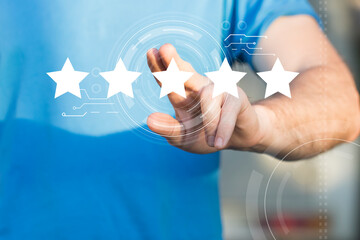 Increase rating or ranking, Businessman click on five stars to increase rating of his company. Valuation and classification concept.