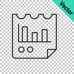 Black line Document with graph chart icon isolated on transparent background. Report text file icon. Accounting sign. Audit, analysis, planning. Vector