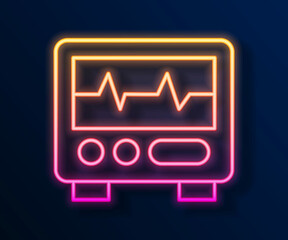 Glowing neon line Computer monitor with cardiogram icon isolated on black background. Monitoring icon. ECG monitor with heart beat hand drawn. Vector