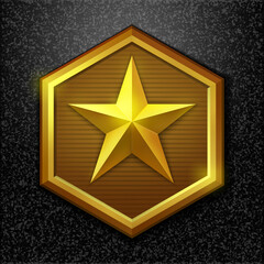 Gold star. Golden military rank icon, game achievement rating, battle award, reward signs. Vector illustration.