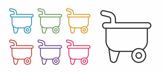 Set line Wheelbarrow icon isolated on white background. Tool equipment. Agriculture cart wheel farm. Set icons colorful. Vector