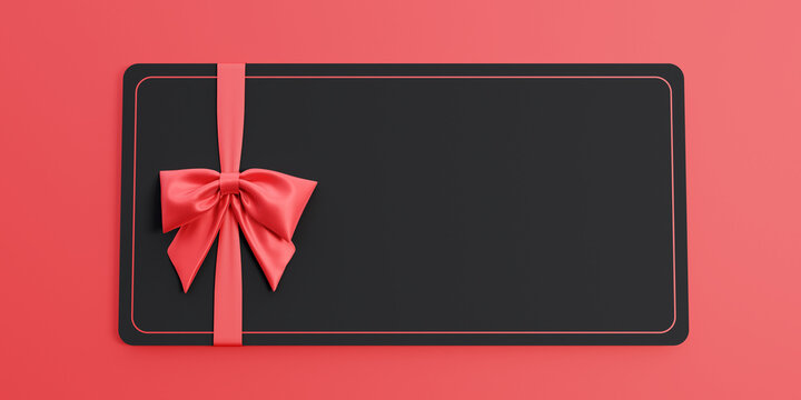 Empty black gift card or gift voucher with red ribbon bow isolated on red pastel color background 3D render 3D illustration