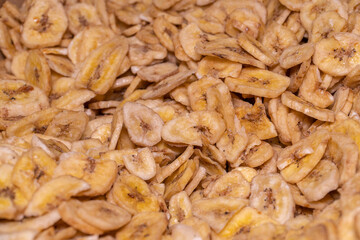 close up of dried fruits of banana chips 