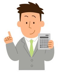 電卓を持って指差しする男性1