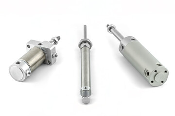 Three pneumatic air cylinders with thread and nut at the end, visible screw-in air dampers,...