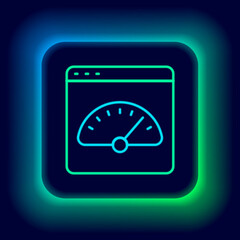Glowing neon line Digital speed meter icon isolated on black background. Global network high speed connection data rate technology. Colorful outline concept. Vector