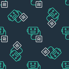 Line Artificial intelligence robot icon isolated seamless pattern on black background. Machine learning, cloud computing. Vector