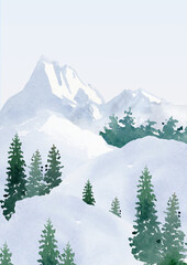 Fototapeta premium winter forest landscape clipart, watercolor woodland clip art, winter printable digital background, snowy mountain