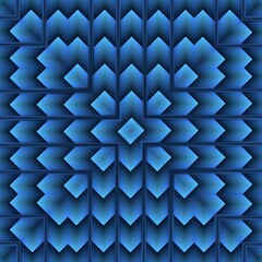 patterns and exploding square format designs from many diamond shapes scales in shades of turquoise blue on a royal blue background
