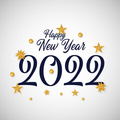 Happy New Year 2022 text design. 2022 calligraphy writing with gold star ornament. for cover, brochure, template, 