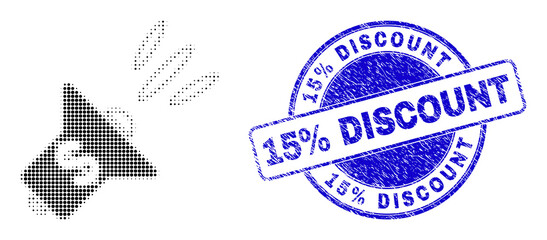 Obraz premium Banking advertising megaphone halftone dotted icon with 15% Discount seal stamp. Blue vector rounded grunge seal stamp with 15% Discount caption inside circle shape.
