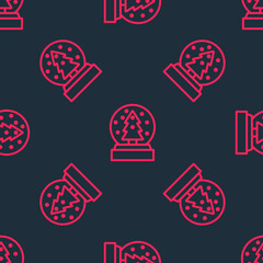 Fototapeta premium Red line Christmas snow globe with fallen snow and christmas tree icon isolated seamless pattern on black background. Merry Christmas and Happy New Year. Vector