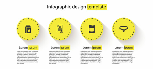 Set Bag of food for dog, Certificate cat, Canned and Collar and heart. Business infographic template. Vector