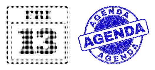13 friday calendar page halftone dotted icon with Agenda seal. Blue vector round grunge seal stamp with Agenda text inside round shape.