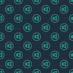 Green line Speaker volume, audio voice sound symbol, media music icon isolated seamless pattern on blue background. Vector