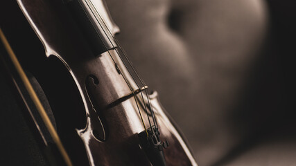 Vintage classic original style violin. Close up shot of retro instrumental equipment with copy space - 468964367